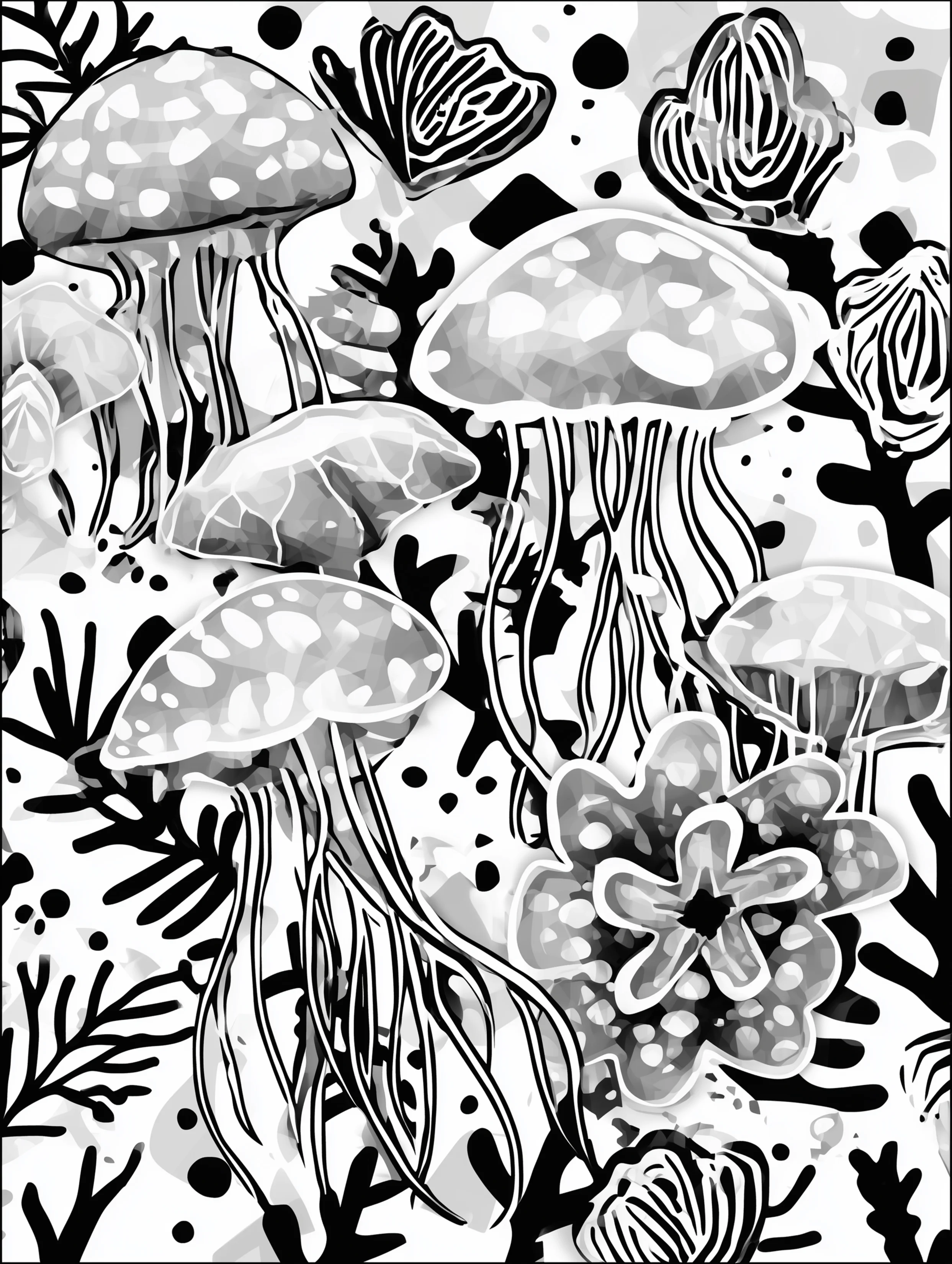 Free printable jellyfish coloring page for adults featuring multiple jellyfish and flowing seaweed